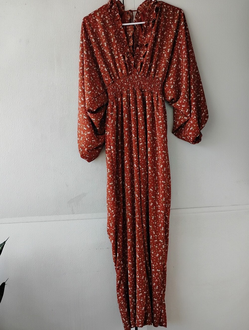 Storia Rust Floral Maxi Dress with Ruffle V-Neck